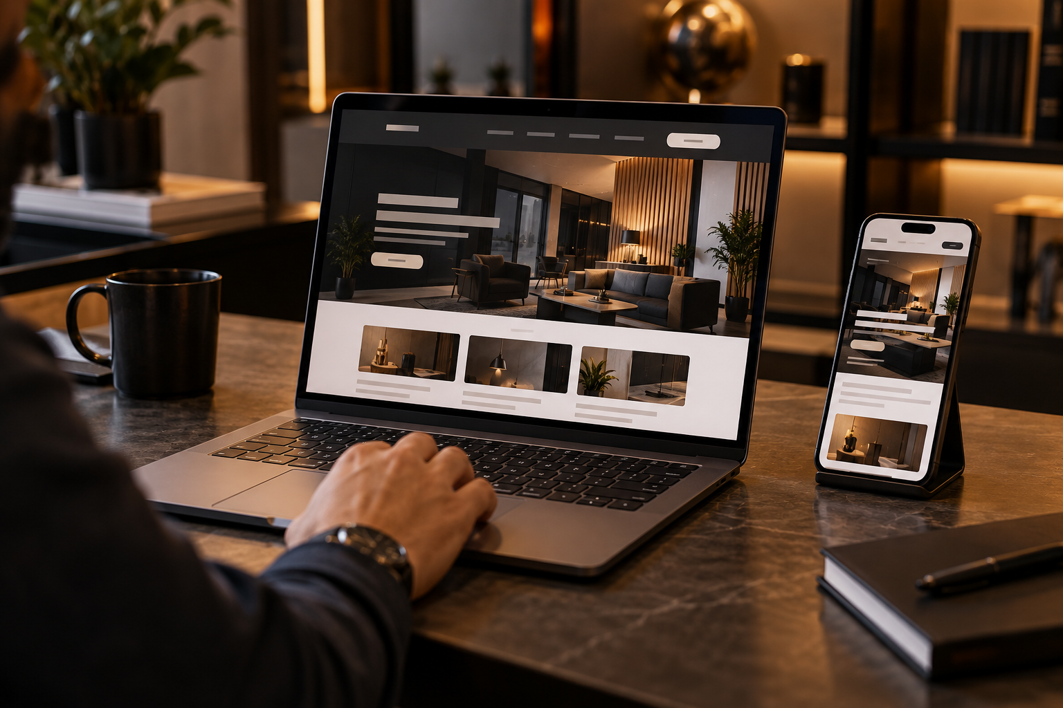 Notebook e smartphone mostrando um site empresarial moderno em ambiente premium.