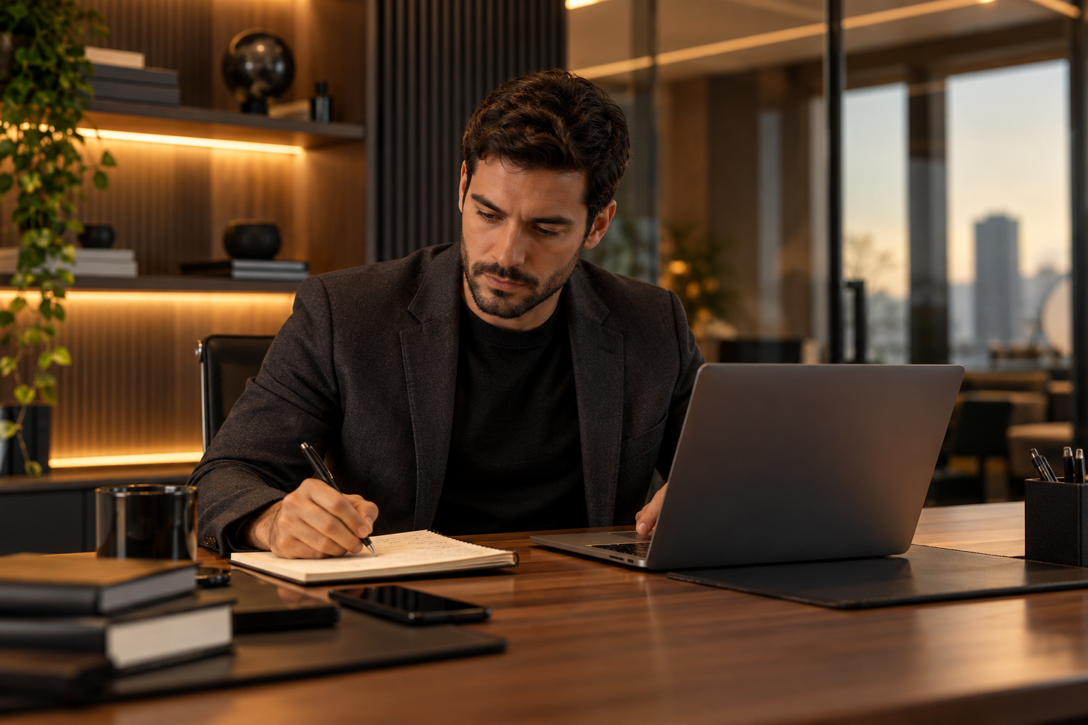 Profissional analisando informações e planejando estratégia em notebook.
