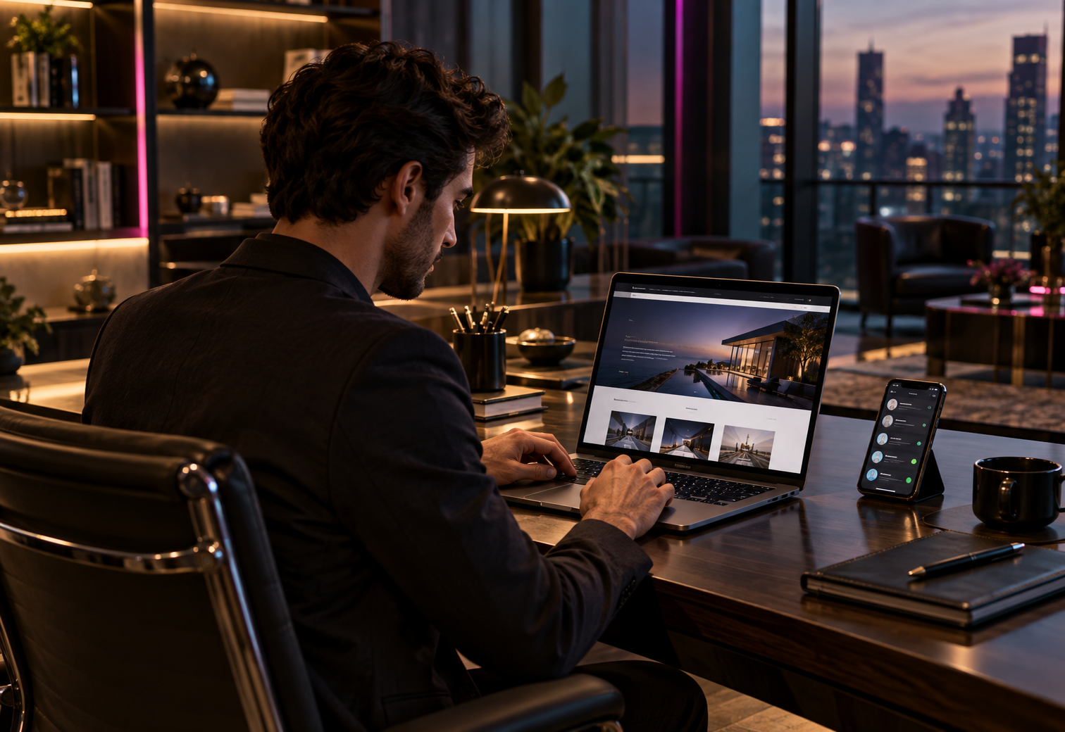 Profissional trabalhando em site e campanhas digitais em notebook.