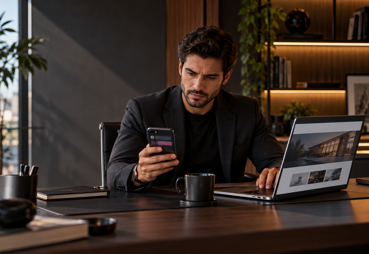 Profissional analisando a jornada de clientes entre anúncios, site e WhatsApp.