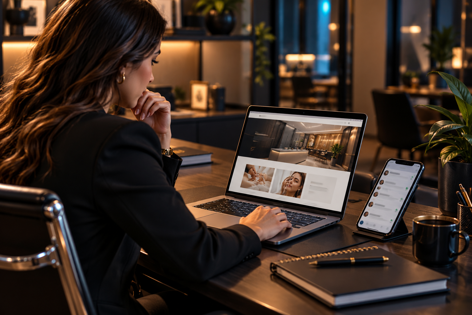 Notebook e smartphone exibindo um site empresarial moderno e responsivo.