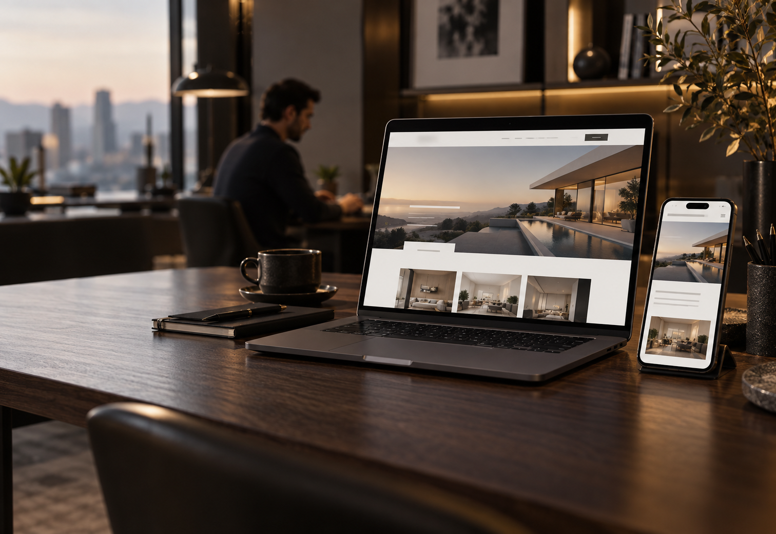 Notebook e smartphone exibindo um site empresarial moderno e responsivo.